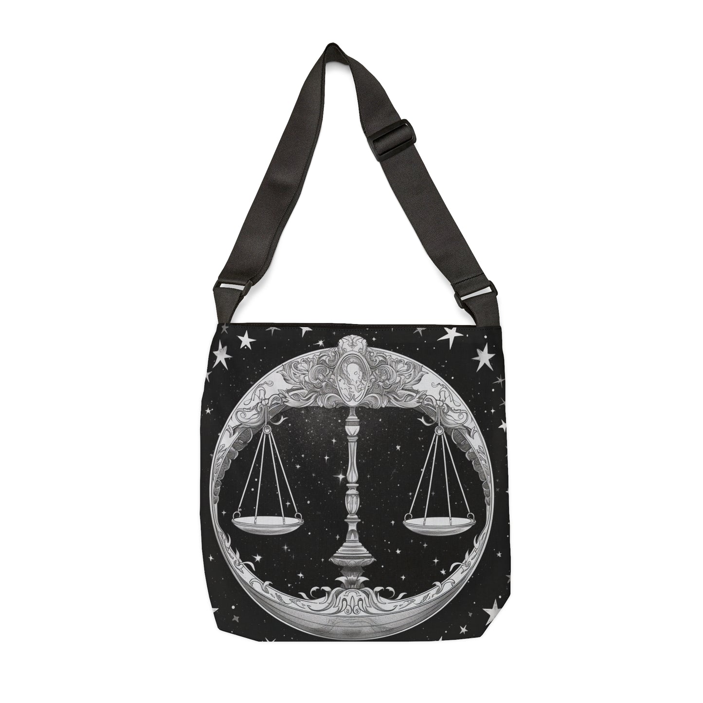 Bolso de mano Libra Zodiac, diseño de escamas en blanco y negro, 100% poliéster hilado, correa ajustable