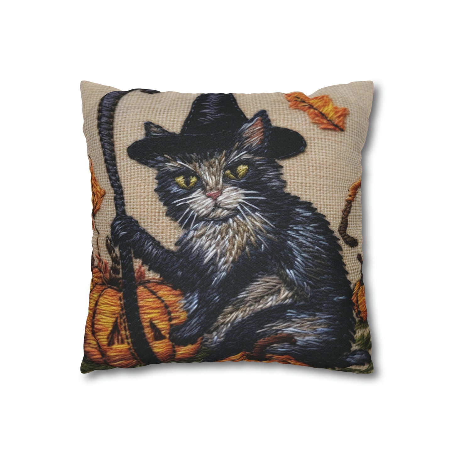 Halloween Cat Magic: Embroidered Style Feline with Pumpkins & Witch Hat - Spun Polyester Square Pillow Case