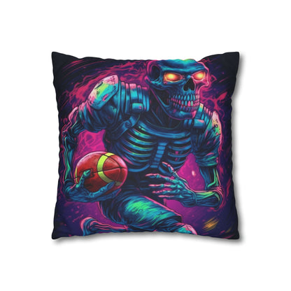 Spooky Football Game: Fantasy Skeleton Athlete Running with Ball, Sporty Halloween - Spun Polyester Square Pillow Case