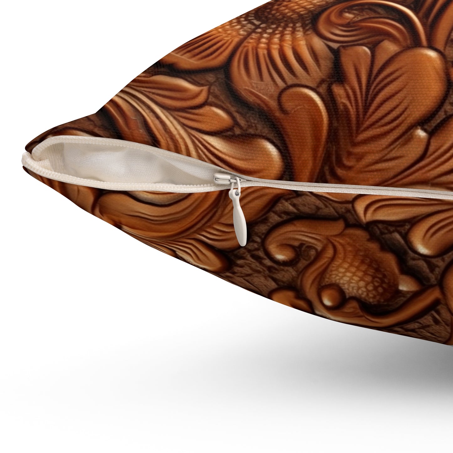 Leather Flower Cognac Classic Brown Timeless American Cowboy Design - Spun Polyester Square Pillow