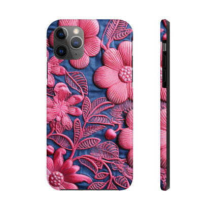 Denim Blue Doll Pink Floral Embroidery Style Fabric Flowers - Tough Phone Cases