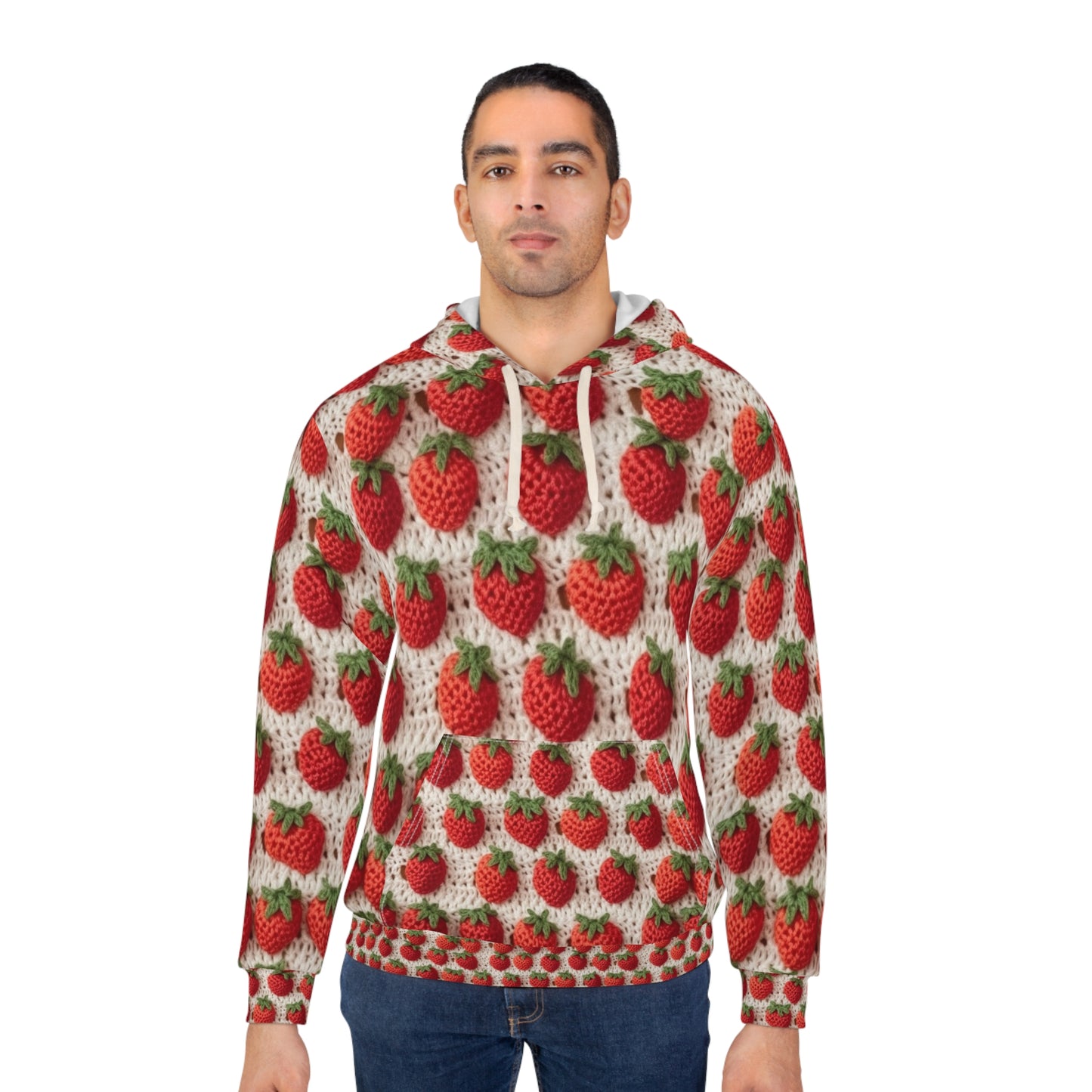 Strawberry Traditional Japanese, Crochet Craft, Fruit Design, Red Berry Pattern - Unisex Pullover Hoodie (AOP)