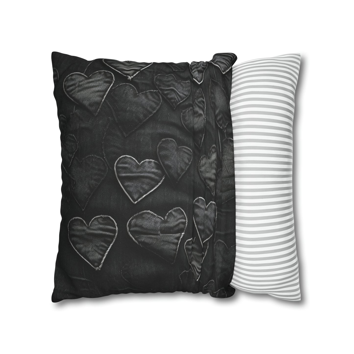 Negro azabache: diseño de bordado de corazón de tela inspirada en la mezclilla desgastada - Funda de almohada cuadrada de poliéster hilado 