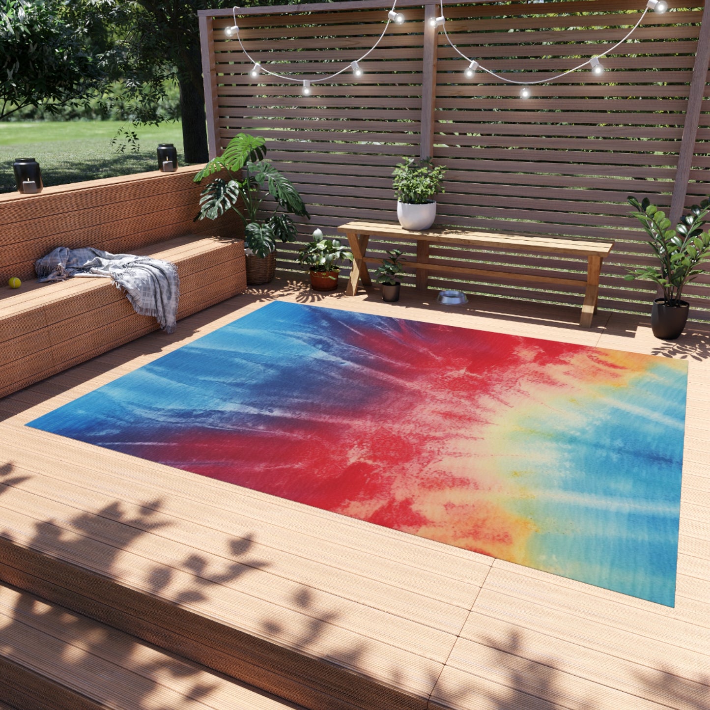 Rainbow Tie-Dye Denim: Vibrant Multi-Color, Fabric Design Spectacle - Outdoor Rug