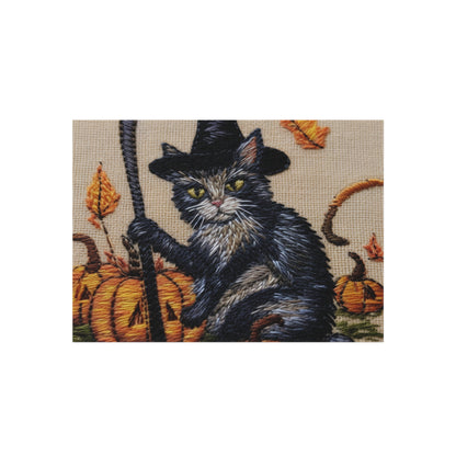 Halloween Cat Magic: Embroidered Style Feline with Pumpkins & Witch Hat - Outdoor Rug