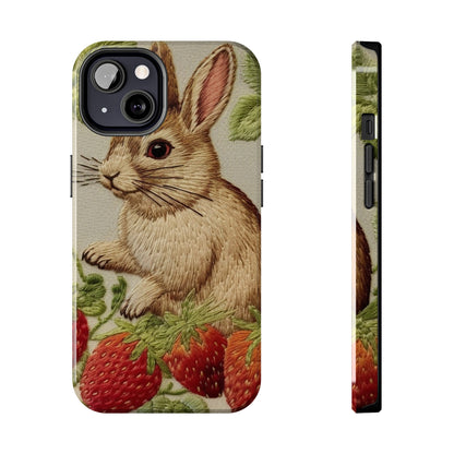 Strawberry Bunny Rabit - Embroidery Style - Strawberries Fruit Munchies - Easter Gift - Tough Phone Cases