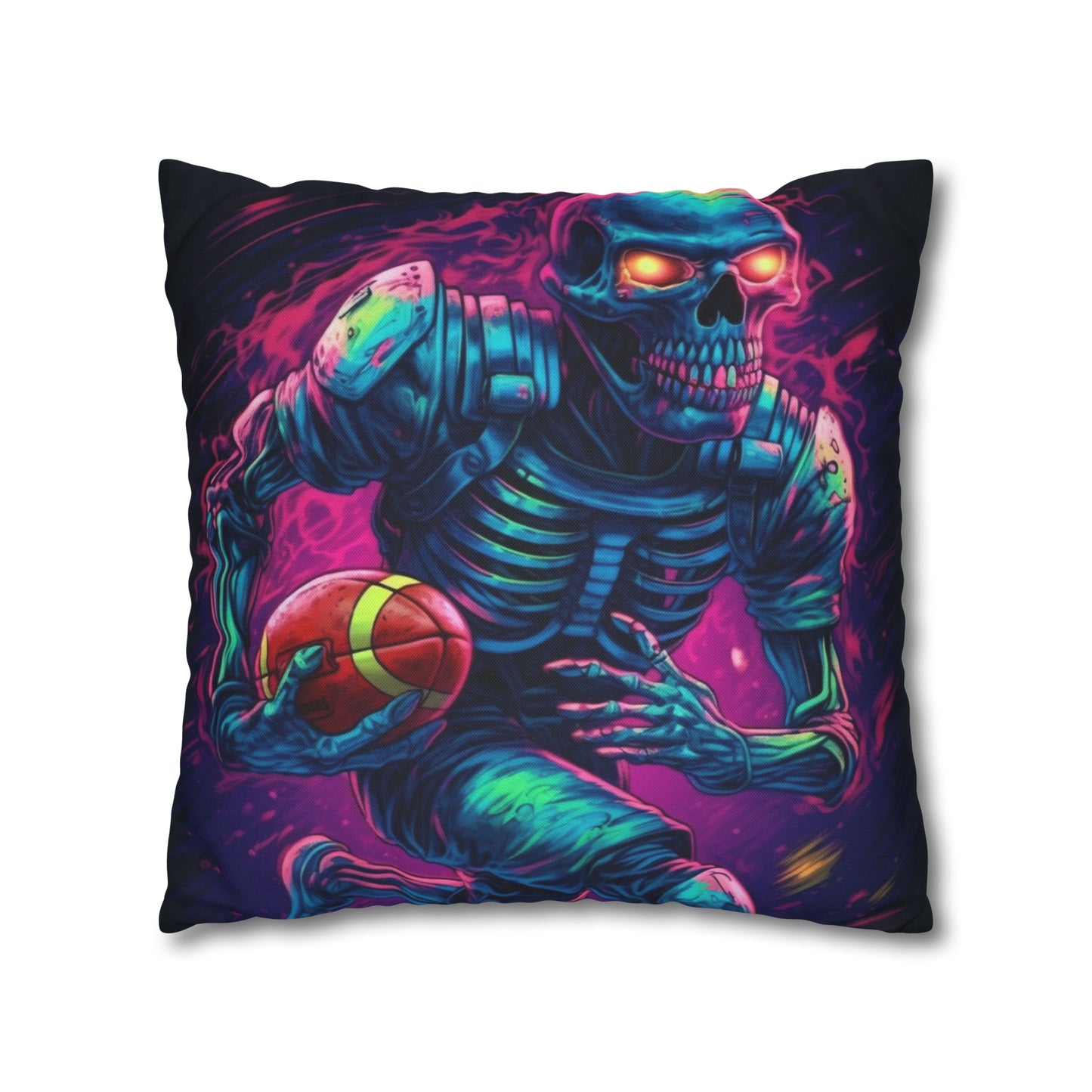 Spooky Football Game: Fantasy Skeleton Athlete Running with Ball, Sporty Halloween - Spun Polyester Square Pillow Case