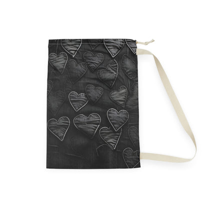 Black: Distressed Denim-Inspired Fabric Heart Embroidery Design - Laundry Bag