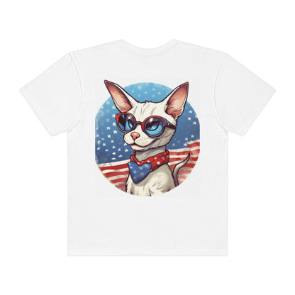 Dibujos animados patrióticos del gato siamés - Cara feliz, animación - Camiseta unisex teñida en prenda