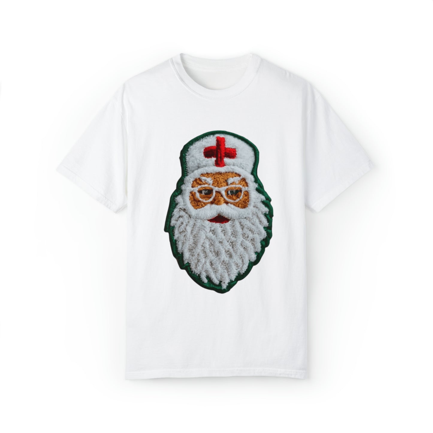 Medical Santa Chenille Embroidered Patch - Doctor or Nurse Healthcare Christmas - Unisex Garment-Dyed T-shirt