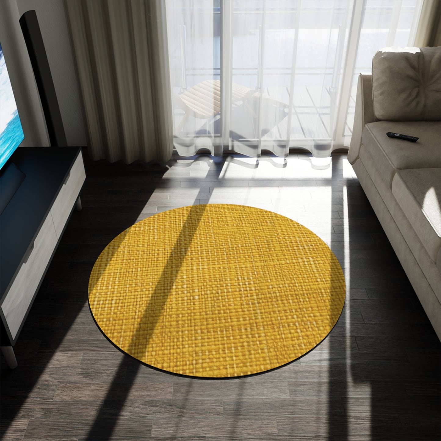 Radiant Sunny Yellow: Denim-Inspired Summer Fabric - Round Rug