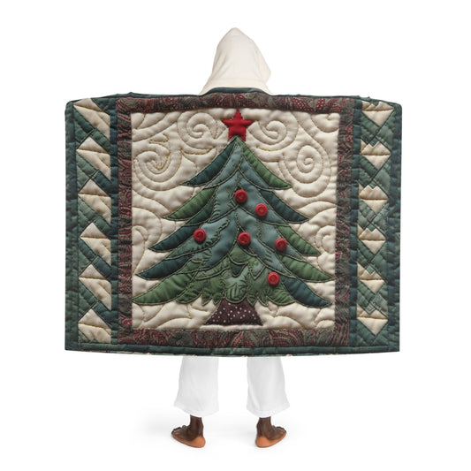 Christmas Tree Quilt Art - Cottagecore Festive Charm - Nostalgic Grandmillennial Style - Vintage Inspired Holiday Decor - Hooded Sherpa Fleece Blanket