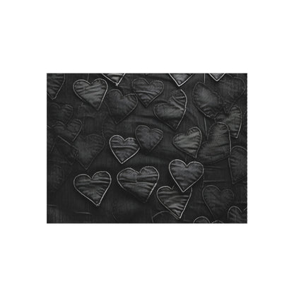 Black: Distressed Denim-Inspired Fabric Heart Embroidery Design - Outdoor Rug