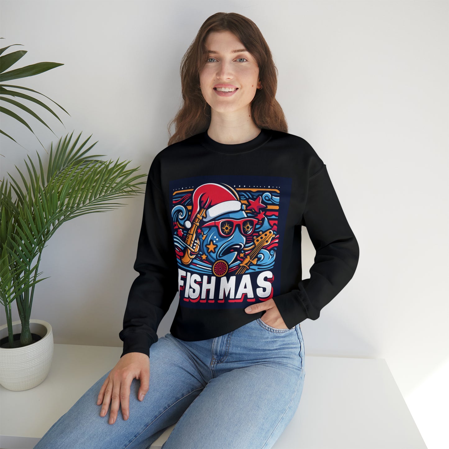 Funky Fishmas Christmas Festivity - Extravagancia de pesca navideña - Sudadera unisex Heavy Blend™ Crewneck