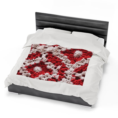 Warm Winter Red & White Crochet Knit: Cinematic Chic Texture Design - Velveteen Plush Blanket