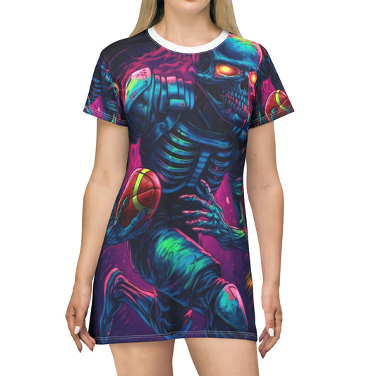 Spooky Football Game: Fantasy Skeleton Athlete Running with Ball, Sporty Halloween - T-Shirt Dress (AOP)