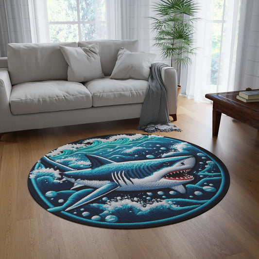 Blue Ocean Shark, Chenille Patch Graphic, Round Rug