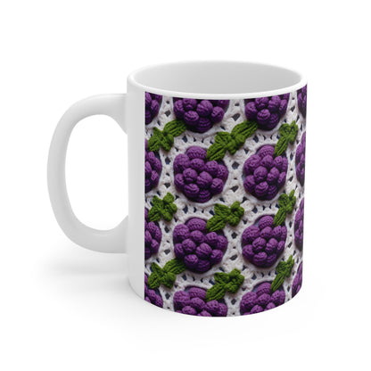 Crochet Grapes Pattern - Granny Square Design - Fresh Fruit Pick - Orchard Purple Snack Food - Ceramic Mug 11oz