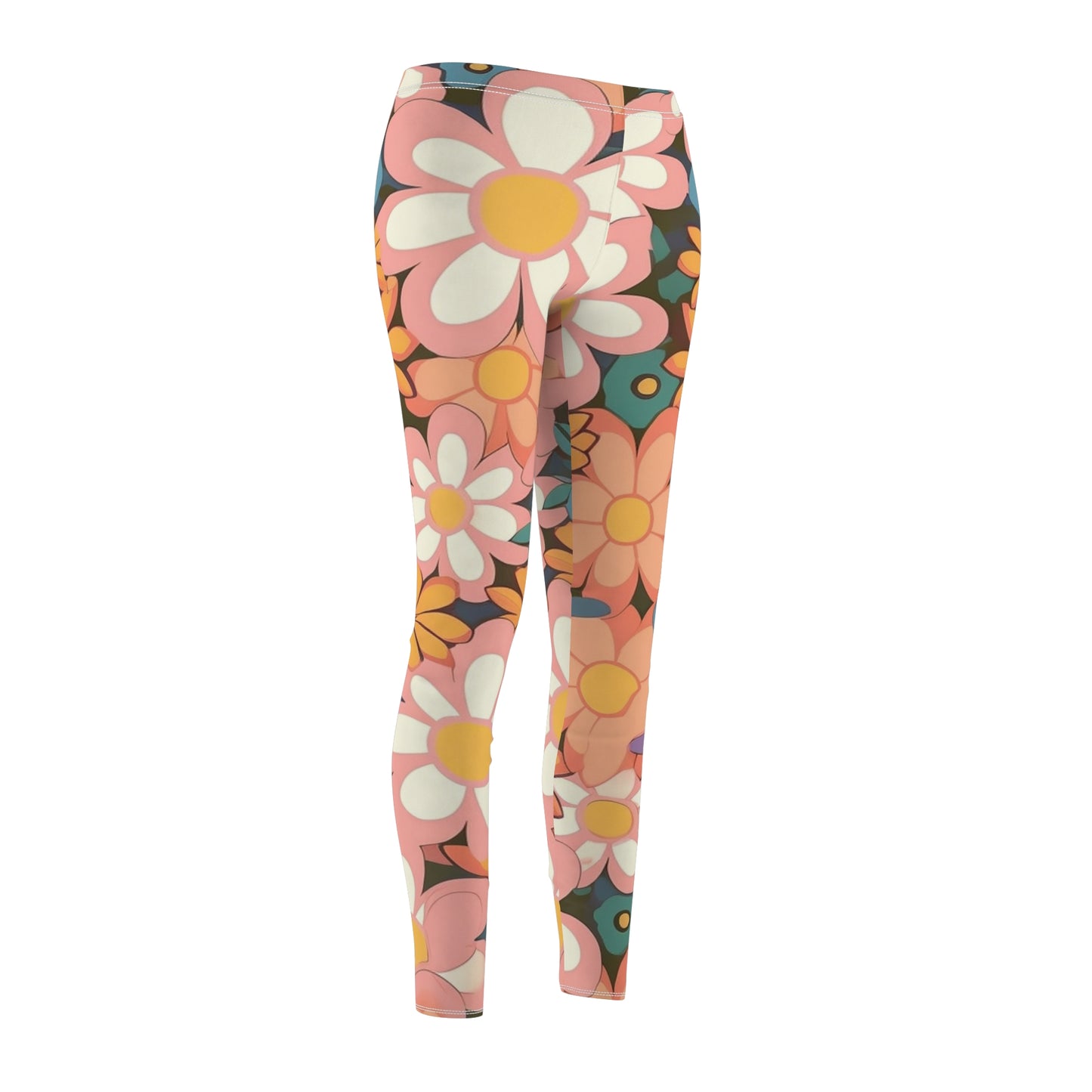 Groovy 1960s 1970s Pink & Orange Daisy Mod Floral - Women's Cut & Sew Casual Leggings (AOP)