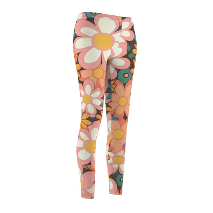 Groovy 1960s 1970s Pink & Orange Daisy Mod Floral - Women's Cut & Sew Casual Leggings (AOP)