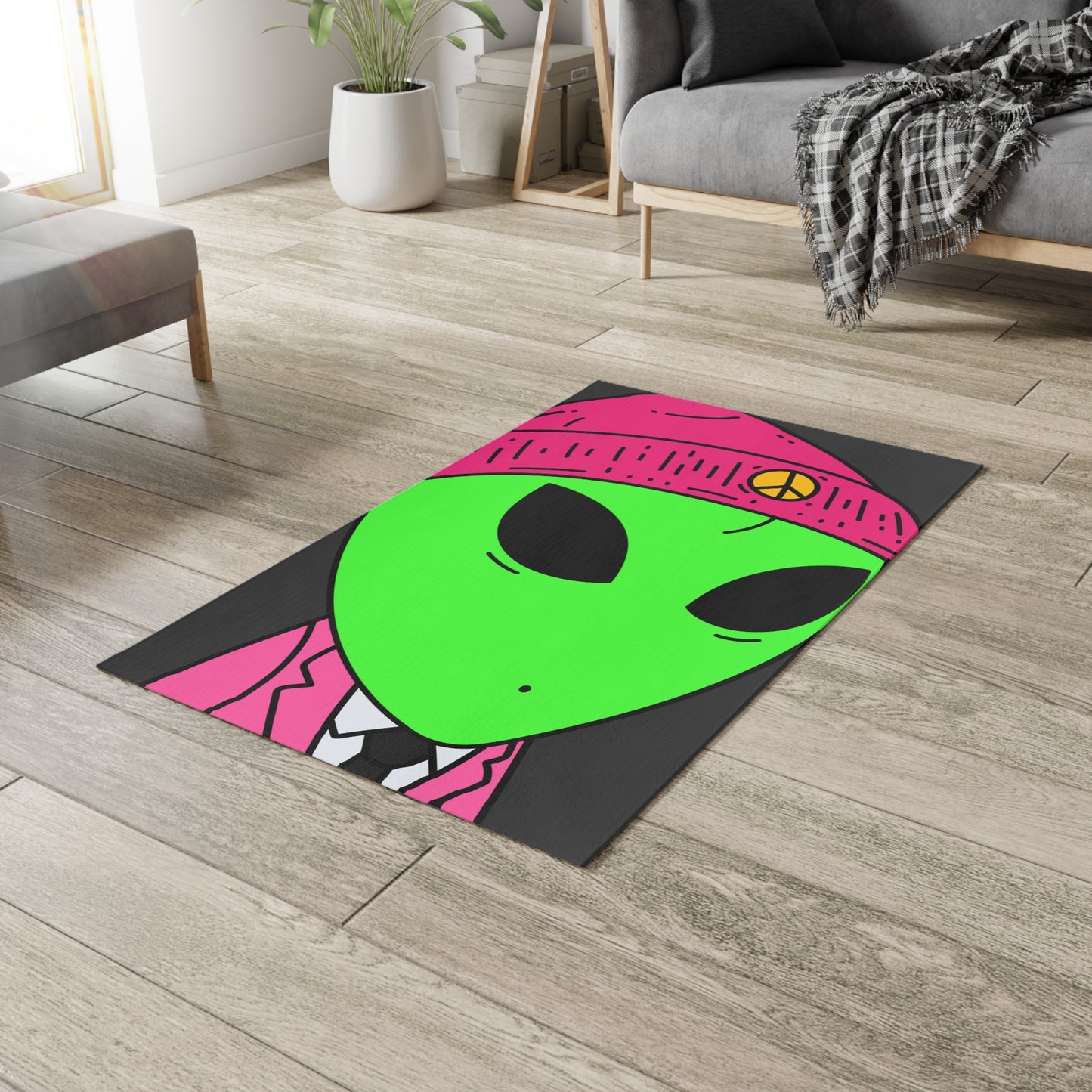 Pink Peace Hat Suit Green Alien Visitor Dobby Rug