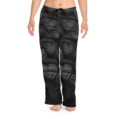 Black: Distressed Denim-Inspired Fabric Heart Embroidery Design - Women's Pajama Pants (AOP)