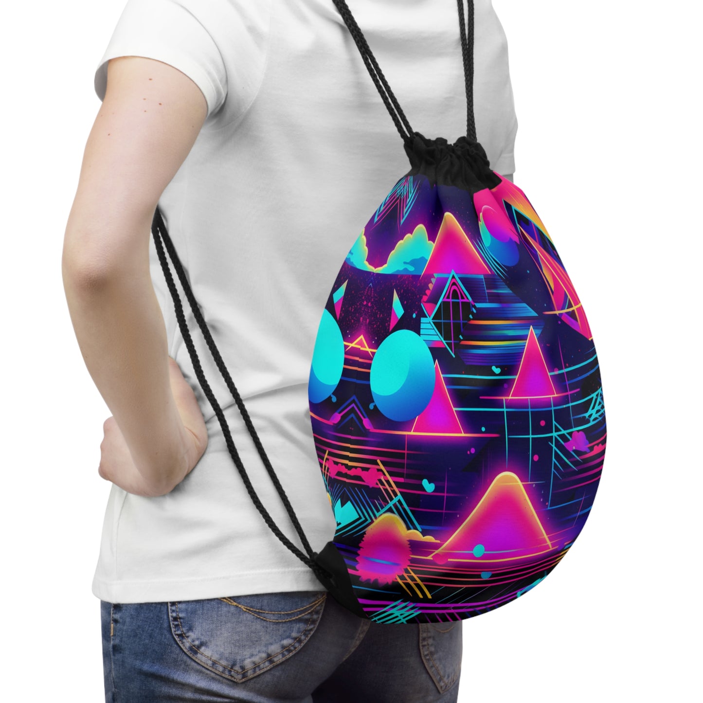 80s Synthwave Retro-Futuristic Inspired Pattern Design - Drawstring Bag