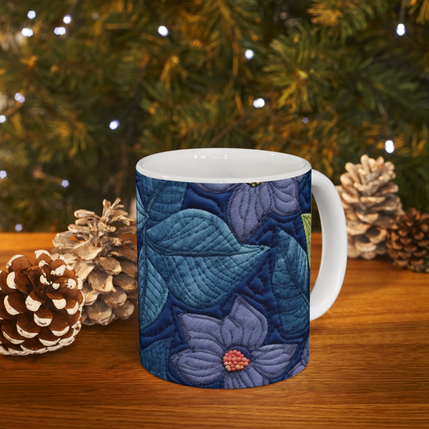 Floral Embroidery Blue: Denim-Inspired, Artisan-Crafted Flower Design - Ceramic Mug 11oz