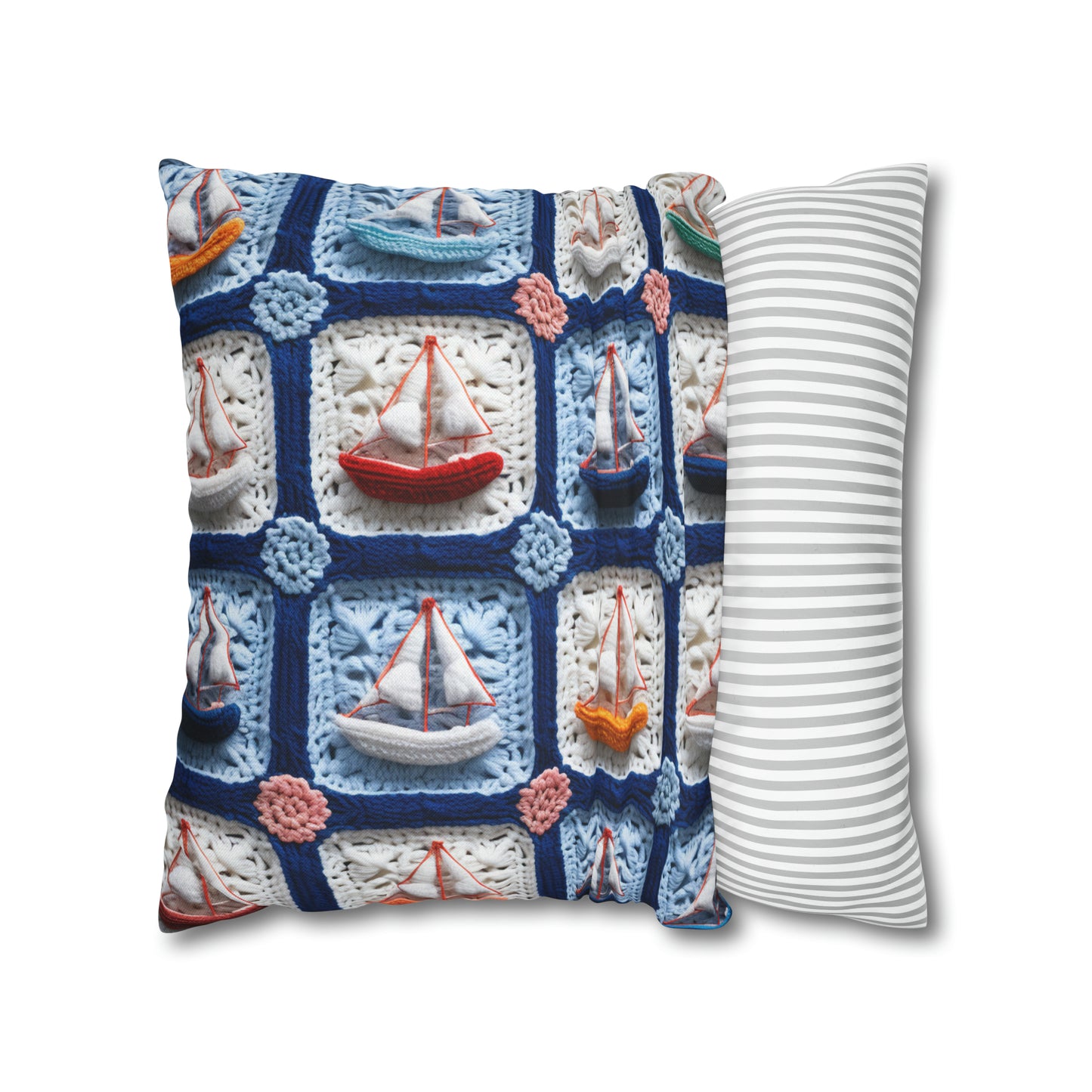 Crochet Boat Ship Sea Vessel Ocean Beach Travel Yacht Design - Spun Polyester Square Pillow Case