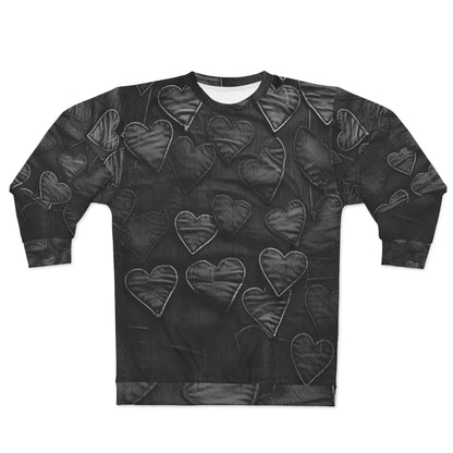 Negro azabache: diseño de bordado de corazón de tela inspirado en mezclilla desgastada - Sudadera unisex (AOP) 