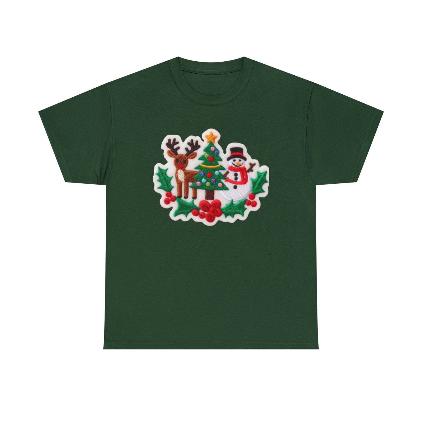 Christmas Snowman & Reindeer Embroidered Patch Design - Unisex Heavy Cotton Tee