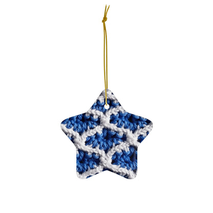 Blueberry Blue Crochet, White Accents, Classic Textured Pattern - Ceramic Ornament, 4 Shapes