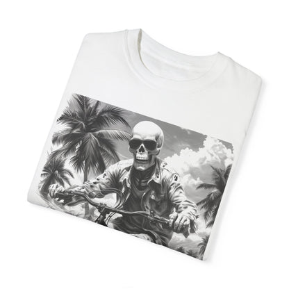 Biker Skeleton Wearing Sunglasses, Riding Sunset Boulevard in California Motorcycle, Unisex Garment-Dyed T-shirt