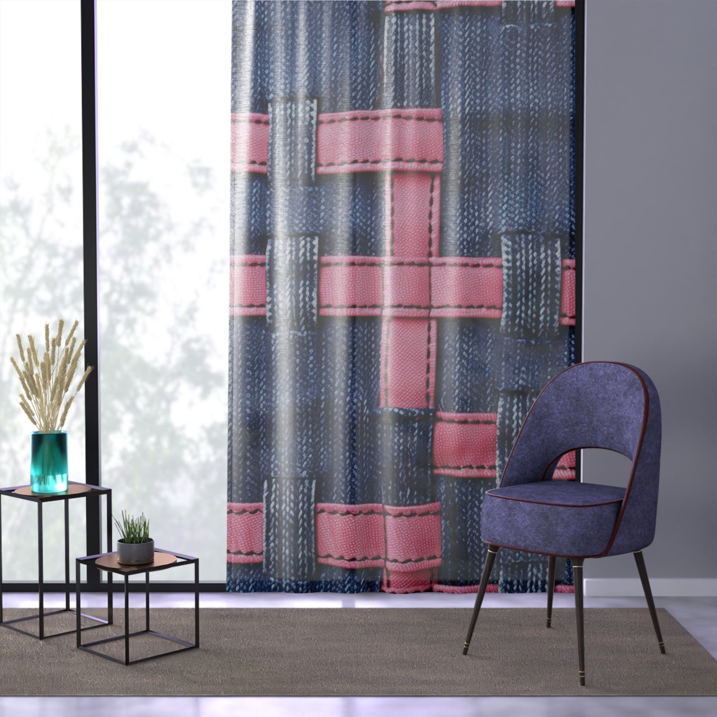 Candy-Striped Crossover: Pink Denim Ribbons Dancing on Blue Stage - Window Curtain