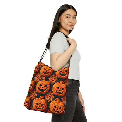 Halloween Crochet Pumpkin Scary Horror Festive Holiday Pattern - Adjustable Tote Bag (AOP)