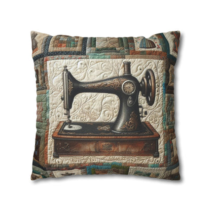 Máquina de coser acolchada, patchwork artesanal a medida, arte textil de reliquia - Funda de almohada cuadrada de poliéster hilado