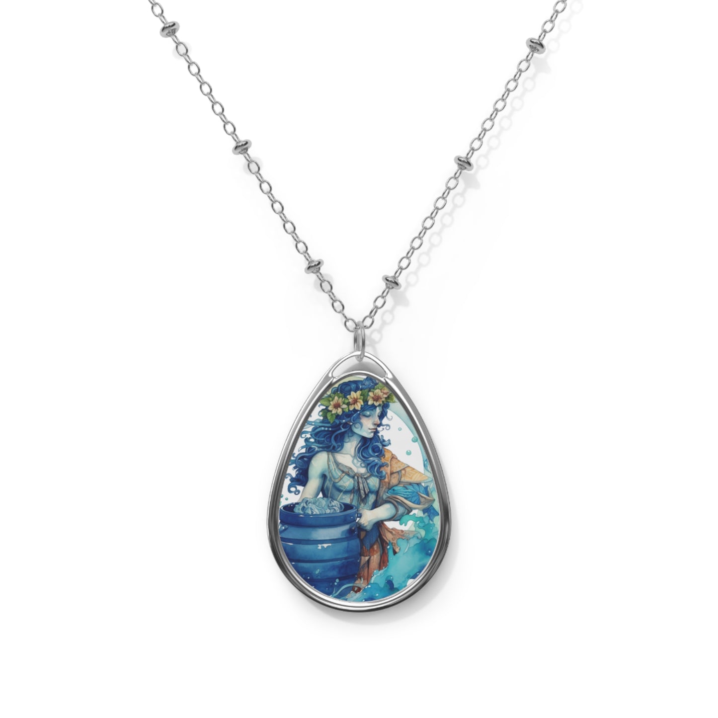 Artistic Aquarius Zodiac - Watercolor Water-Bearer Depiction - Oval Necklace