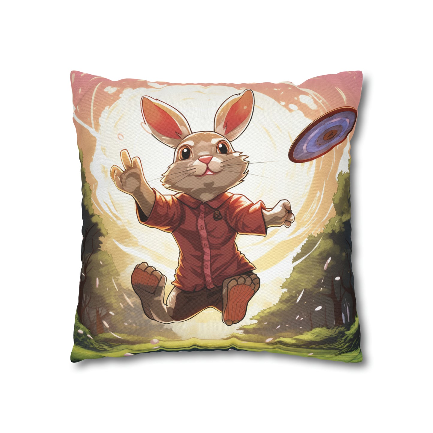 Disc Golf Rabbit: Bunny Aiming Frisbee for Basket Chain - Spun Polyester Square Pillow Case