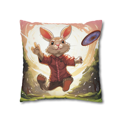 Disc Golf Rabbit: Bunny Aiming Frisbee for Basket Chain - Spun Polyester Square Pillow Case