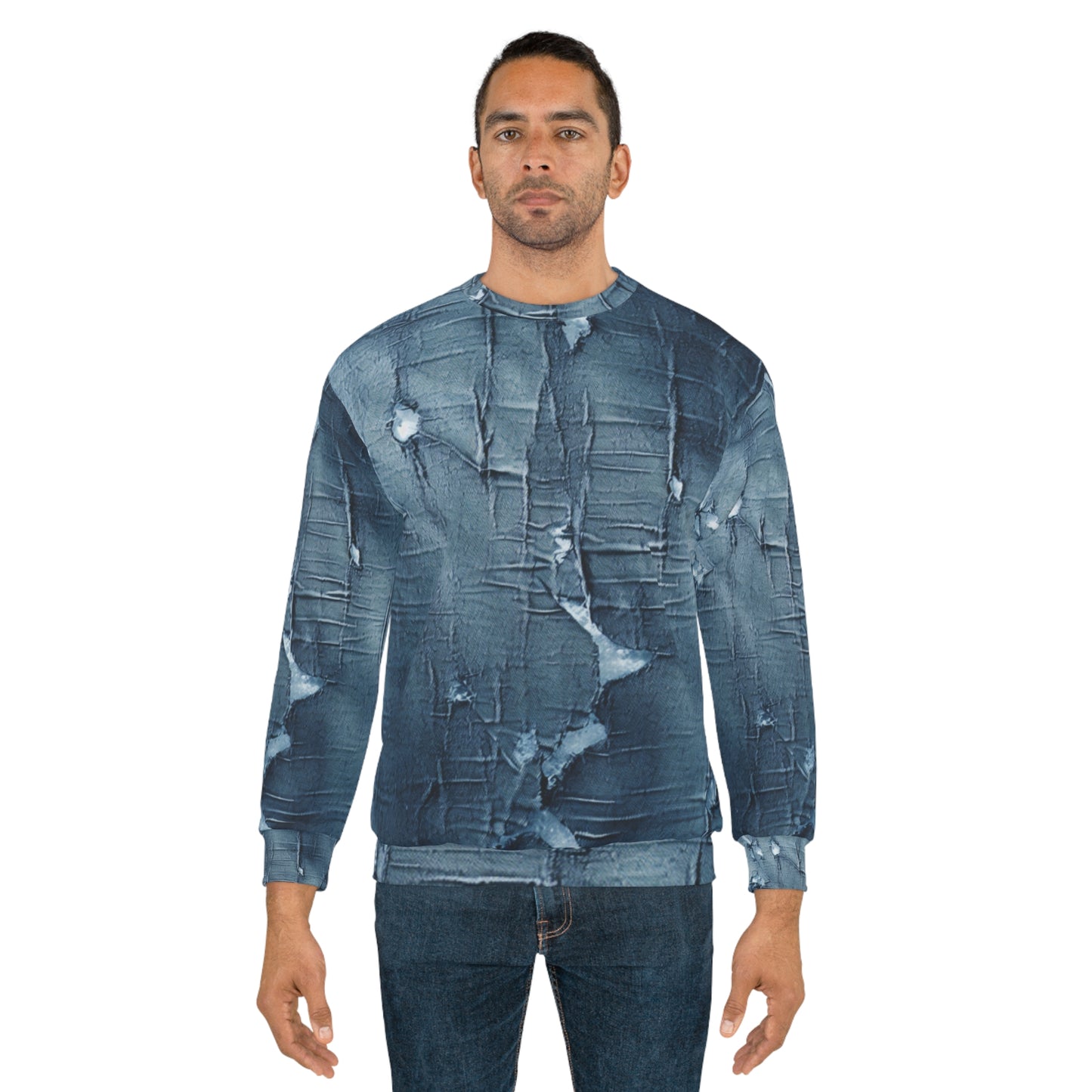 Distressed Blue Denim-Look: Edgy, Torn Fabric Design - Unisex Sweatshirt (AOP)