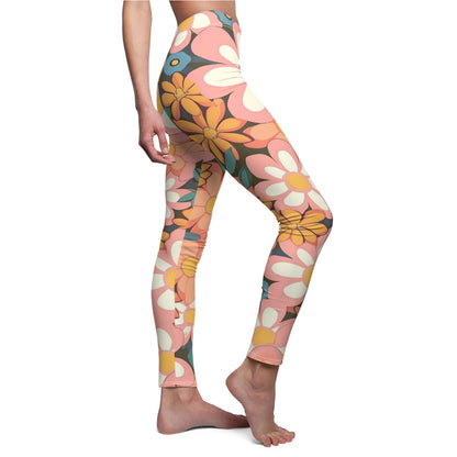 Groovy 1960s 1970s Pink & Orange Daisy Mod Floral - Women's Cut & Sew Casual Leggings (AOP)