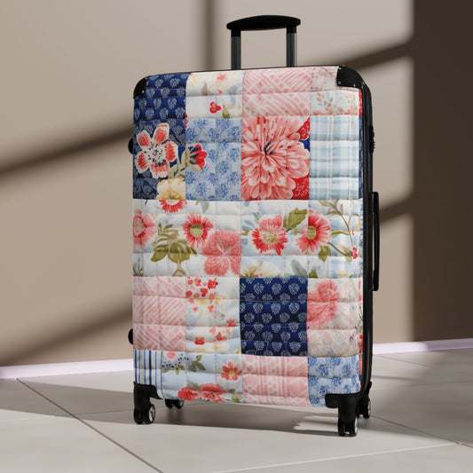 Floral Harmony Quilt, Blossom Patchwork, Blue and Pink Quilted Patterns, Garden Quilt, Soft Pastel Quilting Squares Design - Suitcase