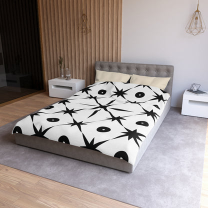 Mid Century Modern Asterisk Design - White & Black Atomic Starburst - Microfiber Duvet Cover