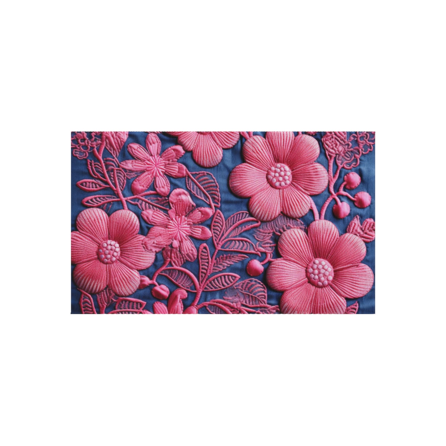 Denim Blue Doll Pink Floral Embroidery Style Fabric Flowers - Outdoor Rug