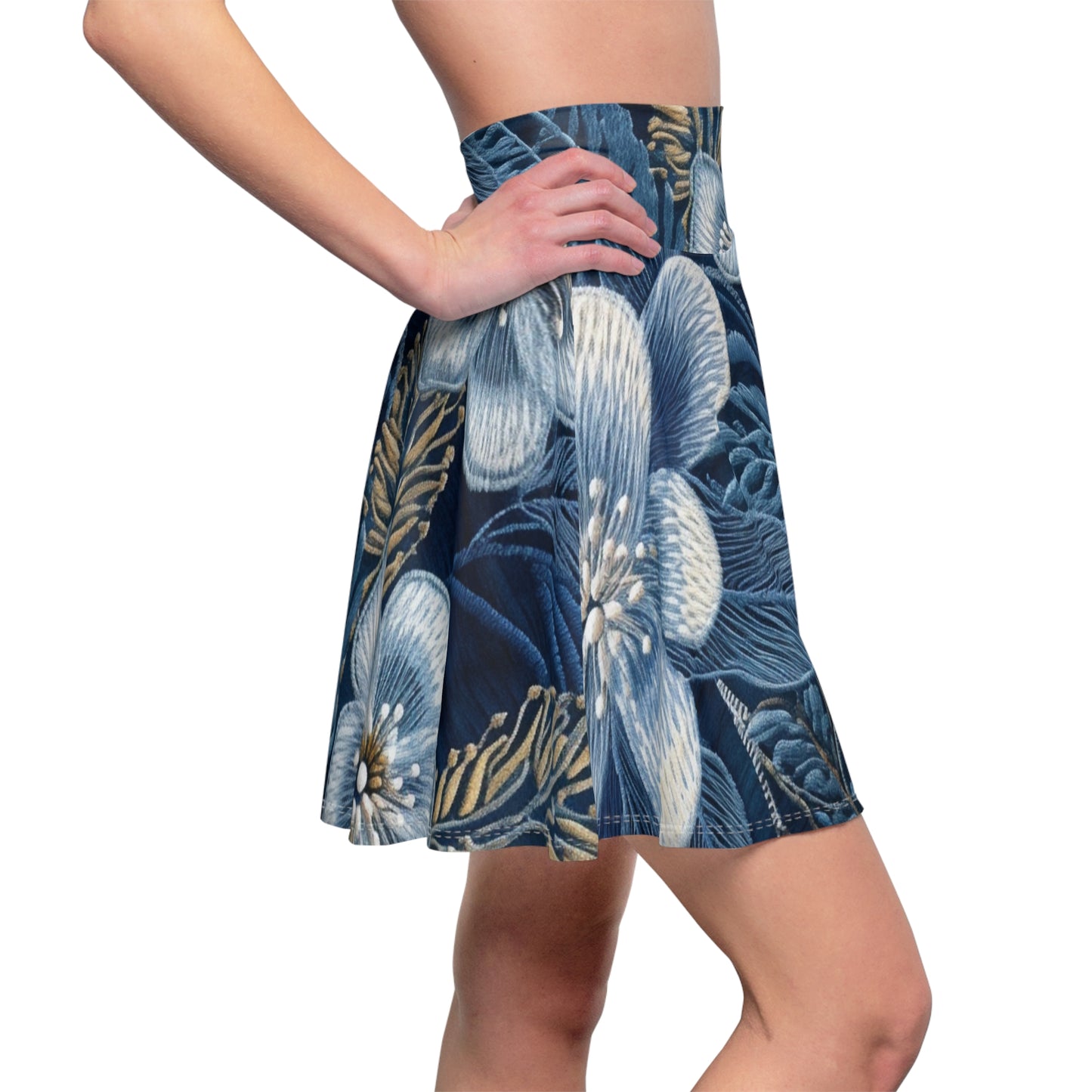 Flower Blossom Embroidery Floral on Denim Style - Women's Skater Skirt (AOP)