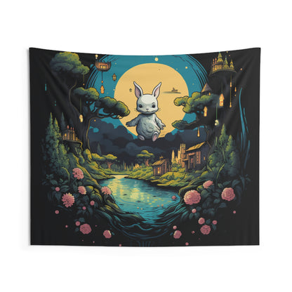 White Rabbit Mystery Psychedelic Fantasy Anime Cartoon Bunny - Indoor Wall Tapestries