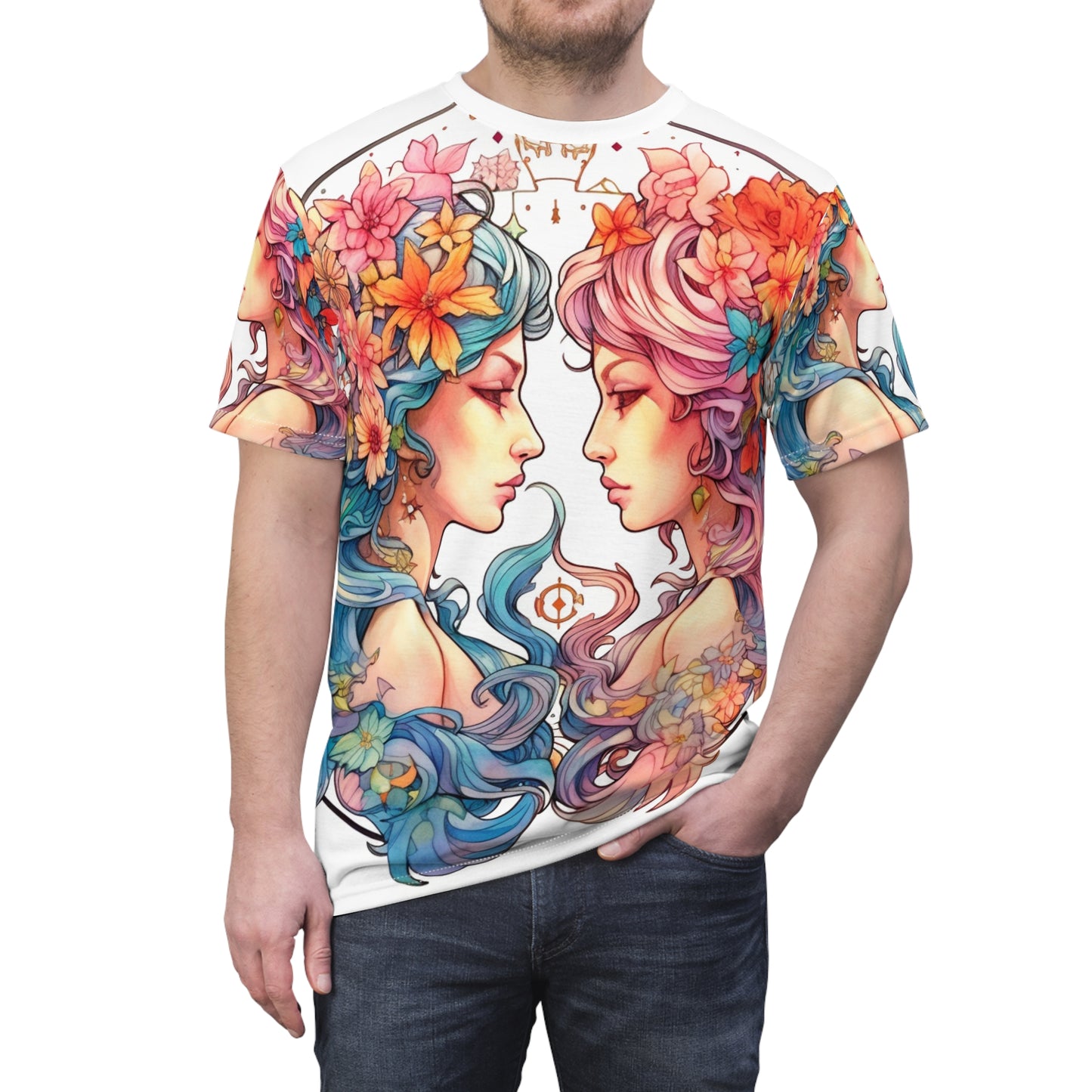 Zodiac Gemini Clipart - Símbolo de gemelos, estilo cómico caprichoso - Camiseta unisex de corte y costura (AOP) 