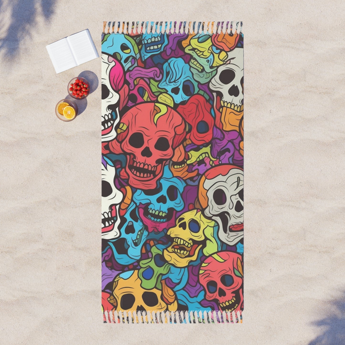 Psychedelic Rainbow Skull Head Pattern, Vibrant Colors - Boho Beach Cloth