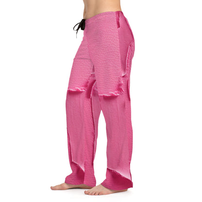 Distressed Neon Pink: Edgy, Ripped Denim-Inspired Doll Fabric - Women's Pajama Pants (AOP)