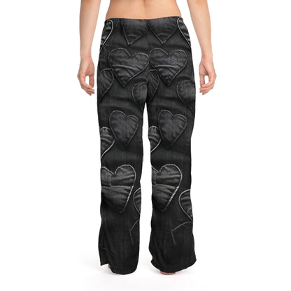 Black: Distressed Denim-Inspired Fabric Heart Embroidery Design - Women's Pajama Pants (AOP)